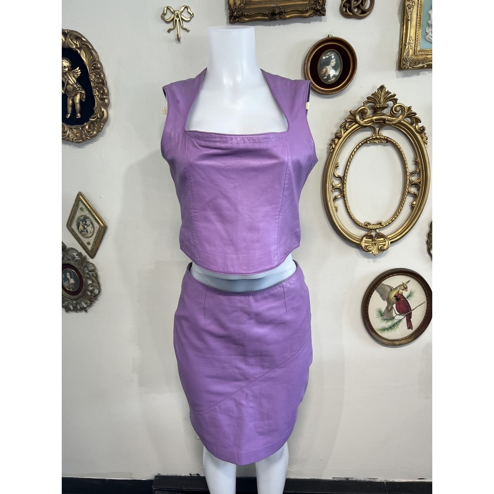 Pelle Studio Wilsons Purple Leather Matching Crop Top and Skirt Set Size L / 10